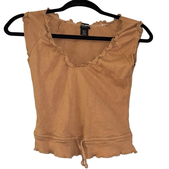 Guess Jeans Tan Lettuce Trim Sleeveless Blouse Women’s XS Draw String Waist Y2K - Picture 1 of 12